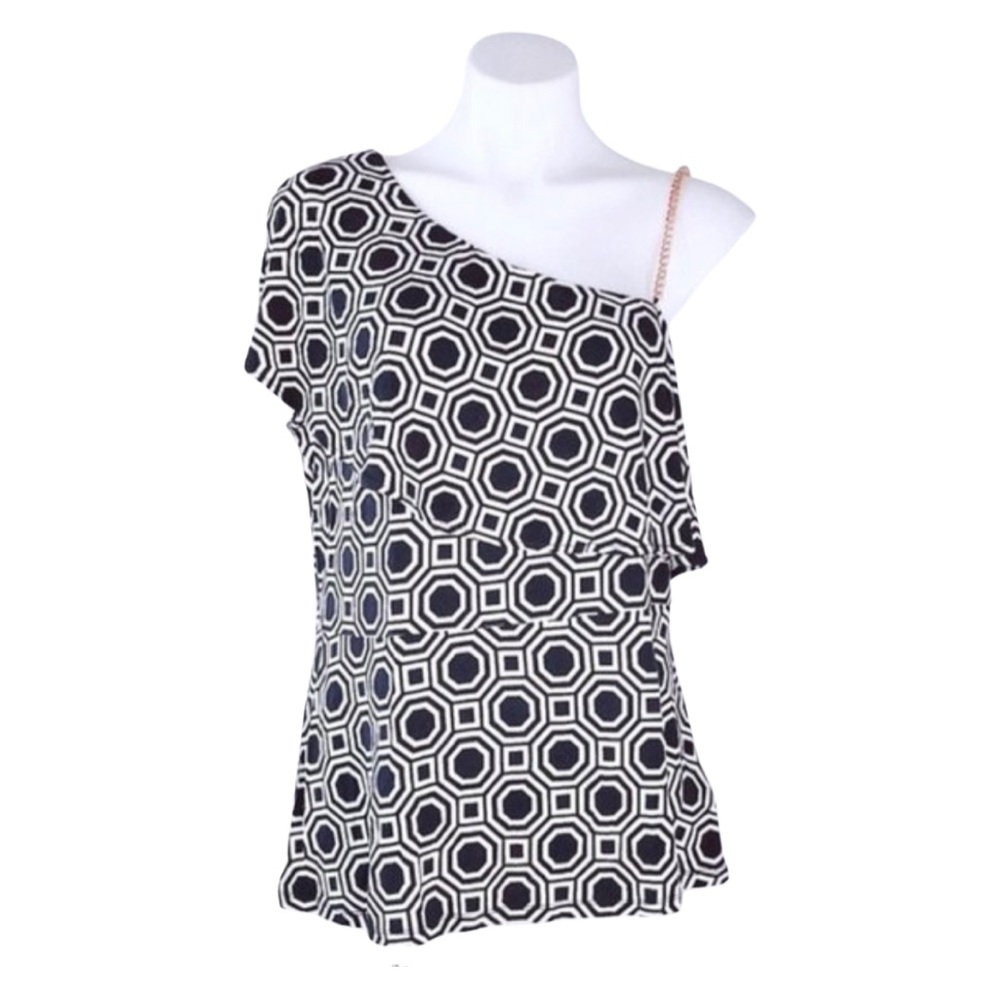 Michael Kors One-Shoulder Top True Navy White Peplum Blouse Size XL NWT $89.50